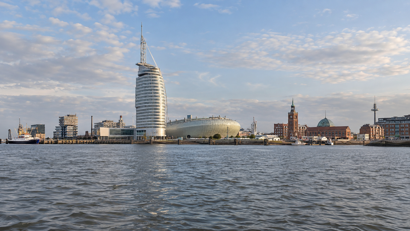 Blick über die Weser auf die Bremerhavener Hafenkante mit Sail City und Klimahaus