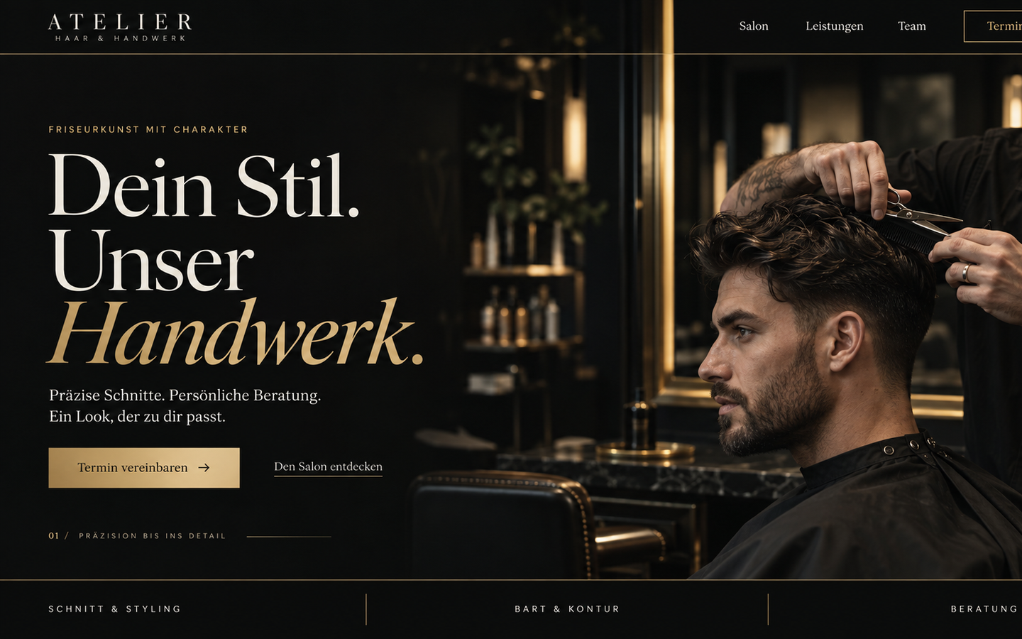 Startseite der Website von ATELIER — Haar & Handwerk