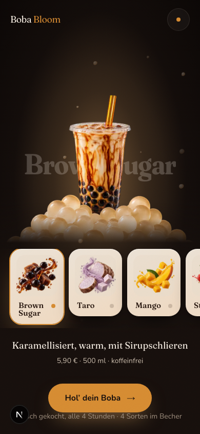 Mobile Ansicht der Website von Boba Bloom