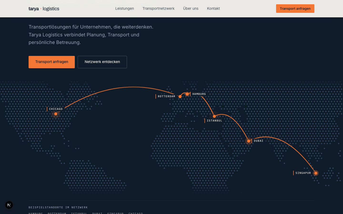 Startseite der Website von Tarya Logistics